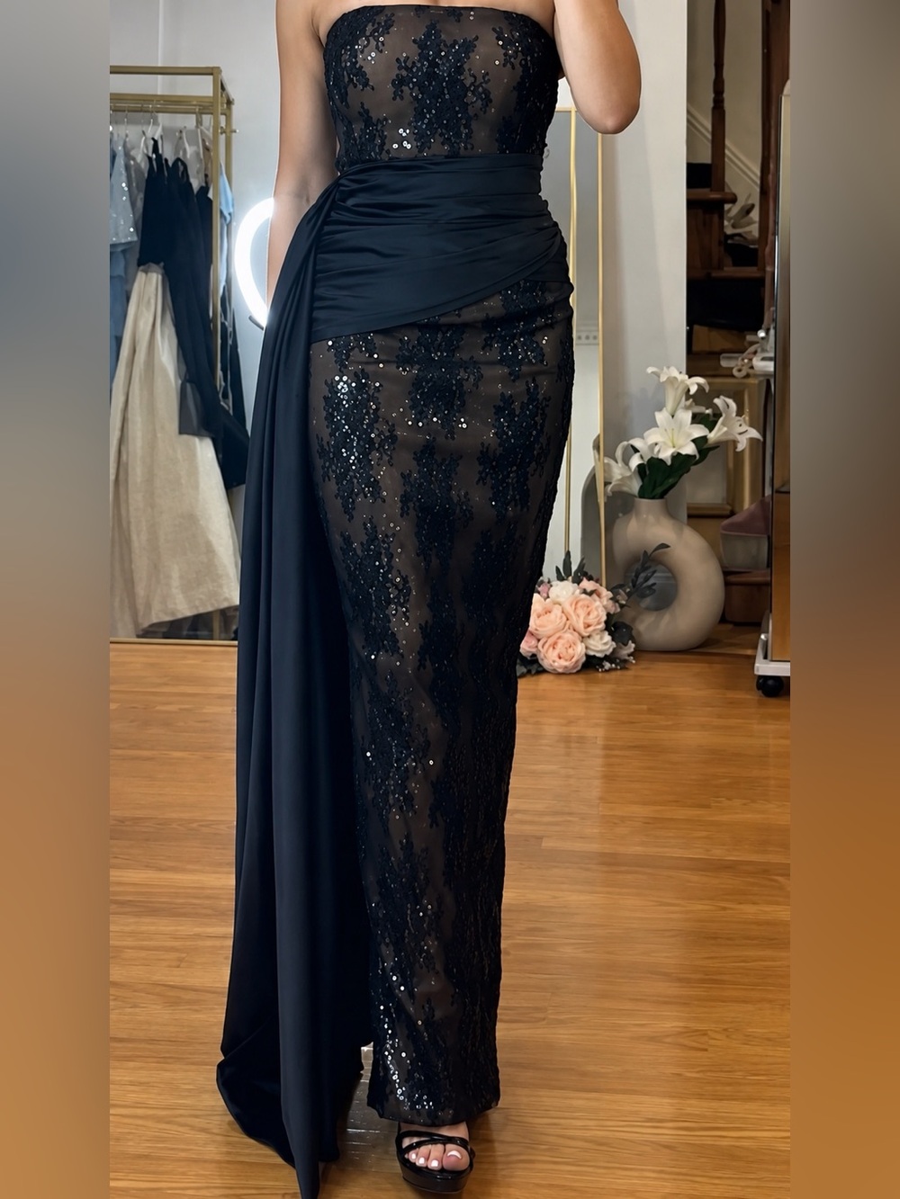 Retrofete Black Sequin Lace Evening Gown with Adjustable Corset
